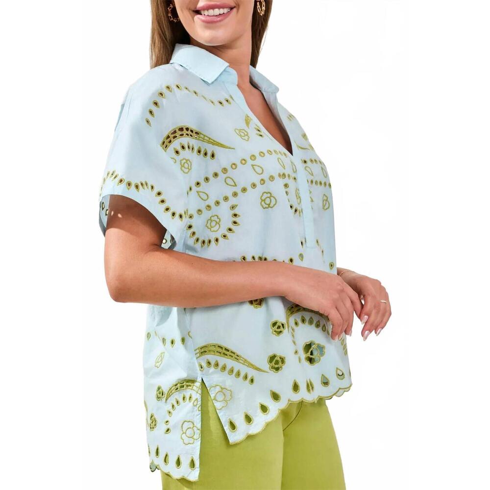 NEW TRIBAL embroidered poplin short sleeve blouse in light aqua - Picture 3 of 5